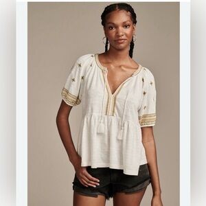 NWT Lucky Brand Babydoll Blouse with Gold & Green Embroidery